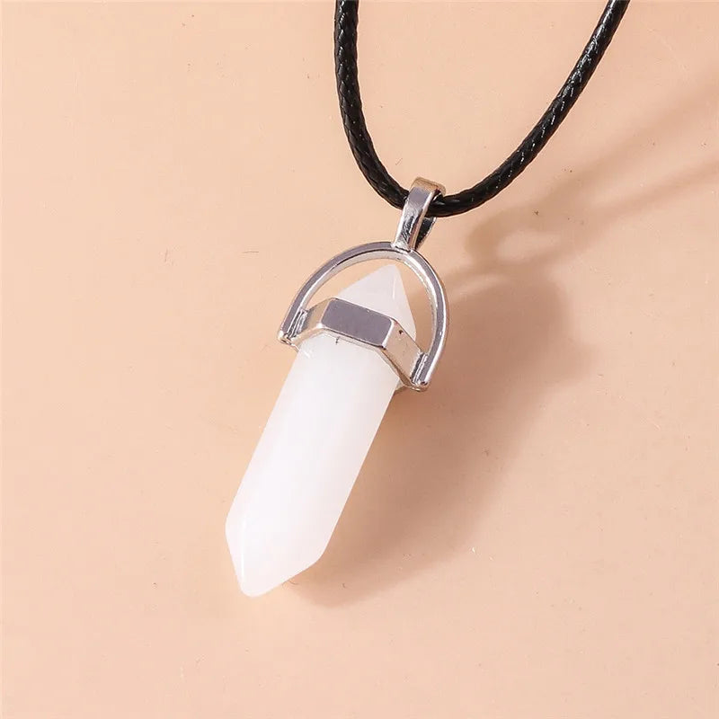 Stone Quartz Gem, Pink Crystal Stone Hexagonal Column Pendant, Necklaces, Leather Chain Bullet Necklace