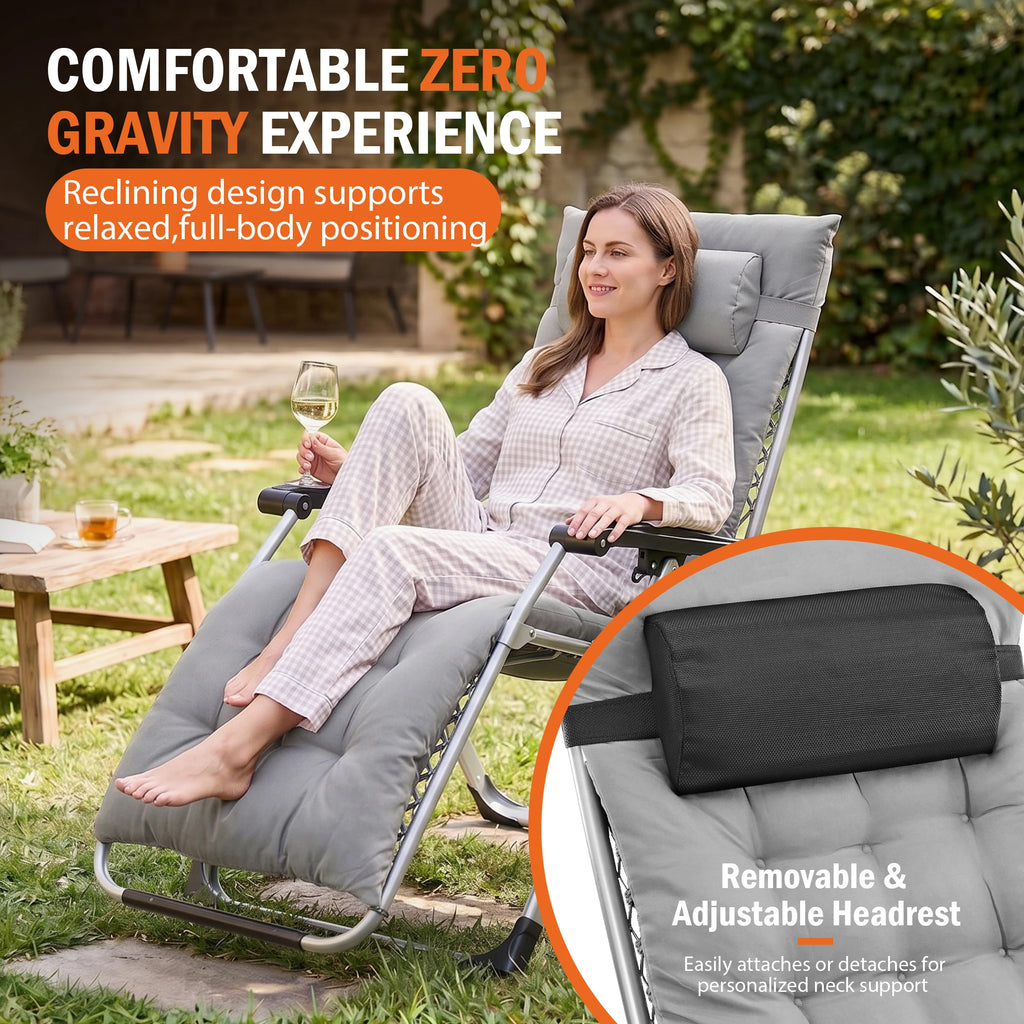 Zero Gravity Reclining Camping Lounge Chair for Outdoor Soft Cushion Patio Chairs with Cup Holder Trays and Removable Cushion Folding Recliner for Indoor
