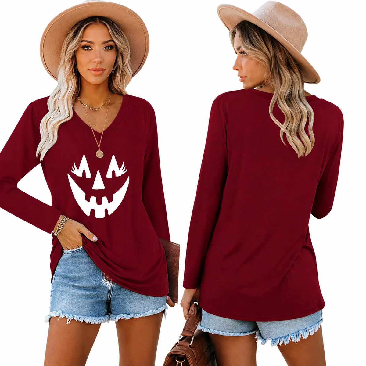 Halloween Pumpkin Graphic Long Sleeve Shirts for Women V Neck Cute Eyelash Pumpkin Face Tee Casual Loose Fall Holiday Outfit Tops