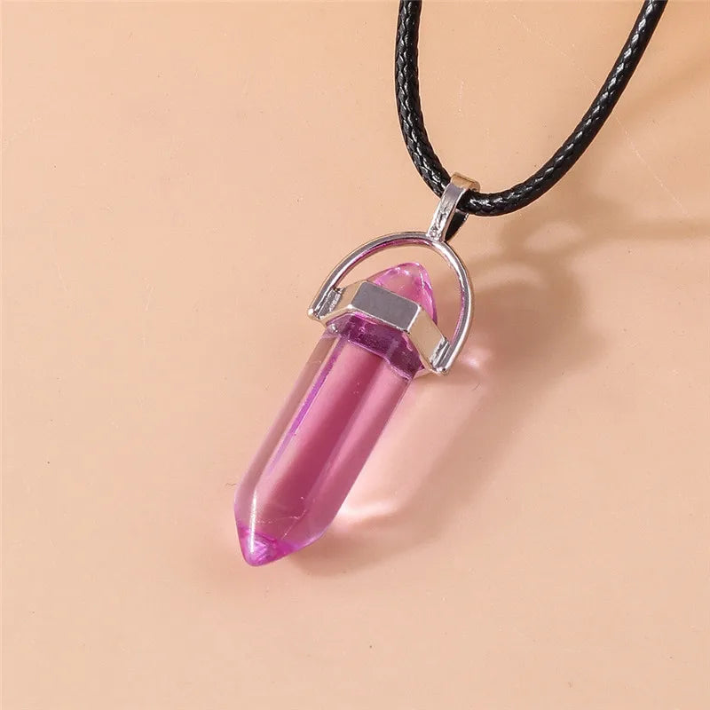 Stone Quartz Gem, Pink Crystal Stone Hexagonal Column Pendant, Necklaces, Leather Chain Bullet Necklace