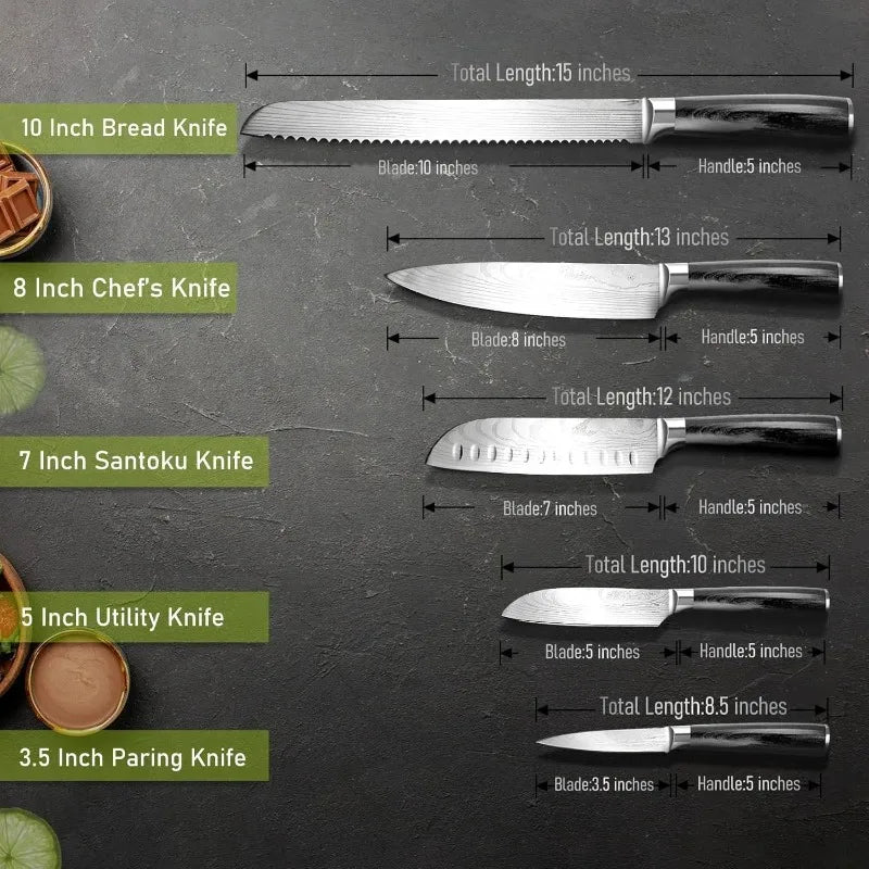 5-Piece Kitchen Knife Set Damascus Pattern Stainless Steel Chef Knives with Pakkawood Handle