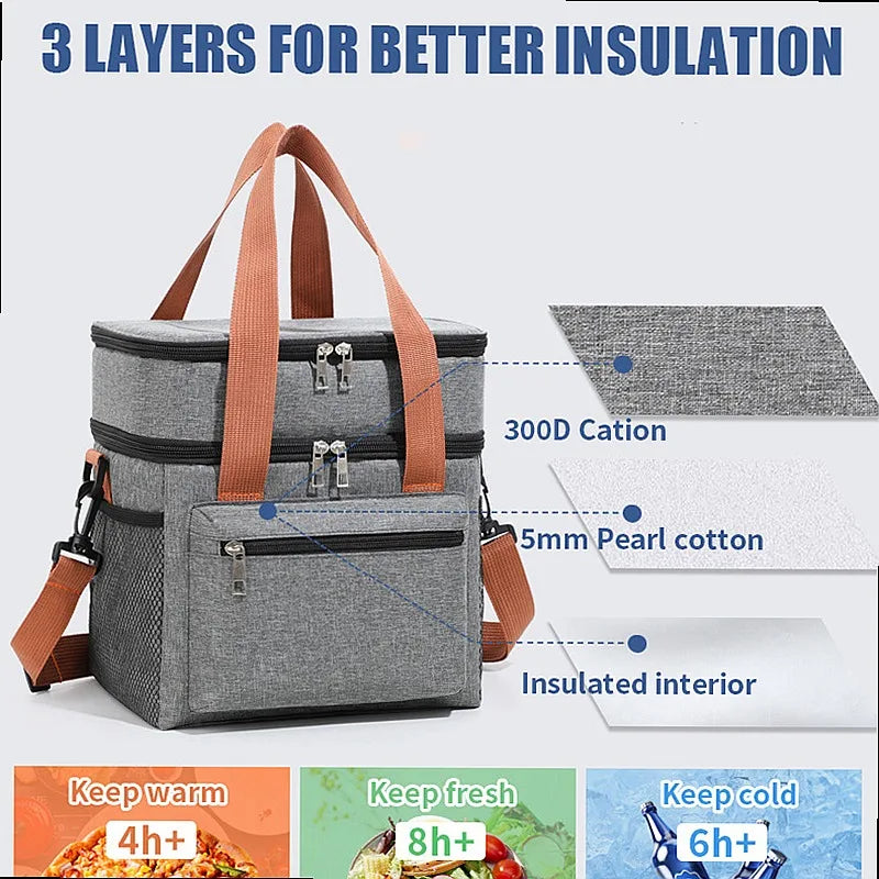 1PC Large Capacity Double Layers Thermal Insulation Lunch Bag Picnic Tote Food Drink Storage Cooler Bag with Shoulder Strap