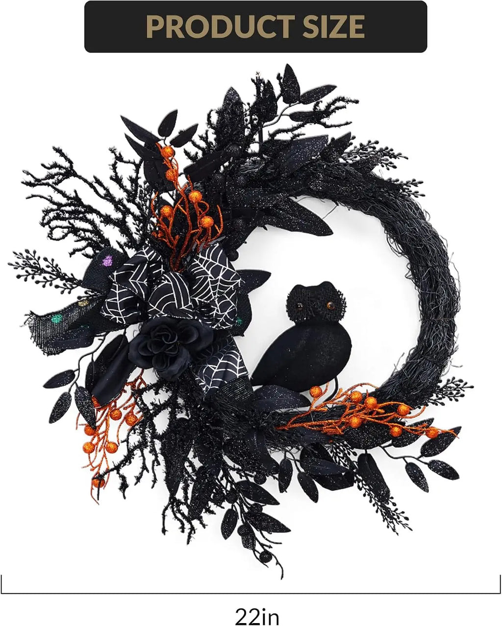 20 Inch Halloween Owl Wreath with Natural Vines and Black Artificial Roses – Front Door, Porch, Wall Decor for Indoor Outdoor Party Home