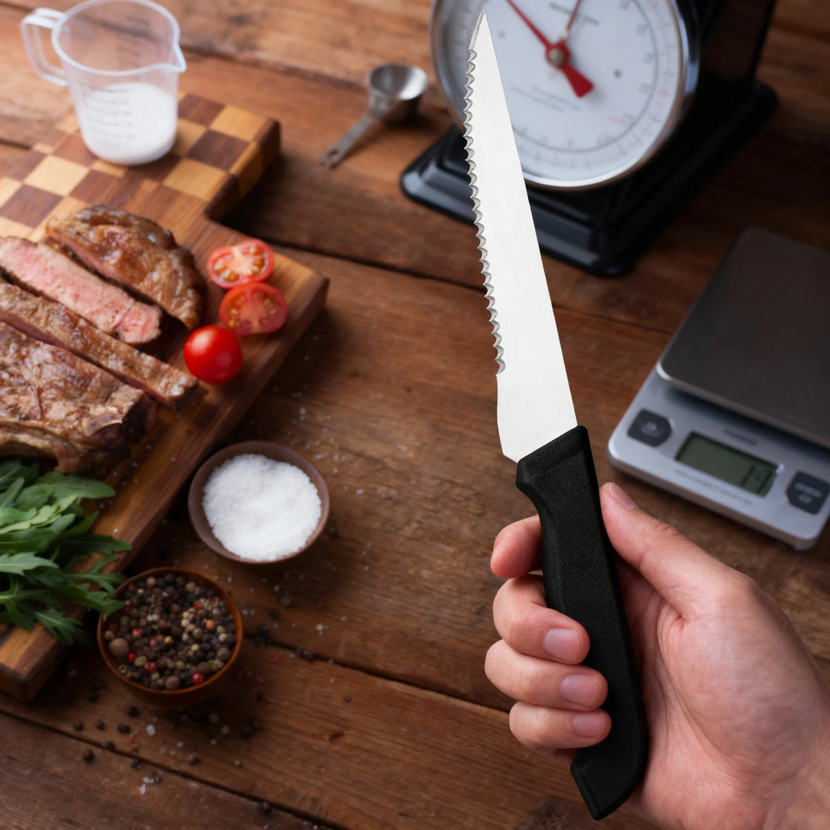 6Pcs Serrated Steak Knife Set Stainless Steel Sharp Table Knives Black Ergonomic Handle Dinner Cutlery For Home Restaurant BBQ Meat Cutting Kitchen Tool