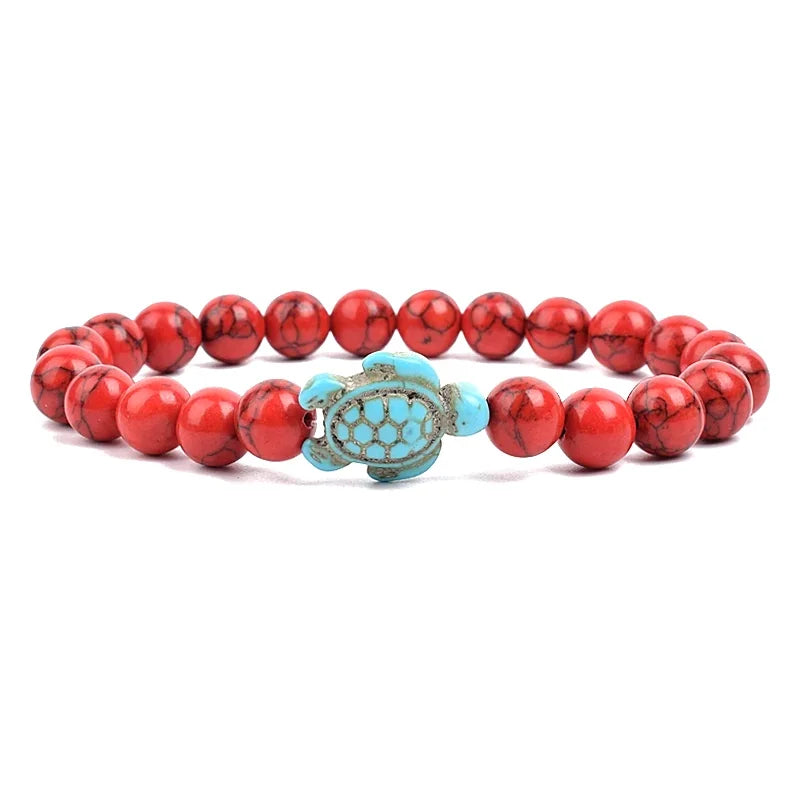 Women Men Unisex 8mm Turquoise Natural Stone Stretch Bracelet Sea Turtle Charm Beaded Friendship Summer Beach Wrist Jewelry