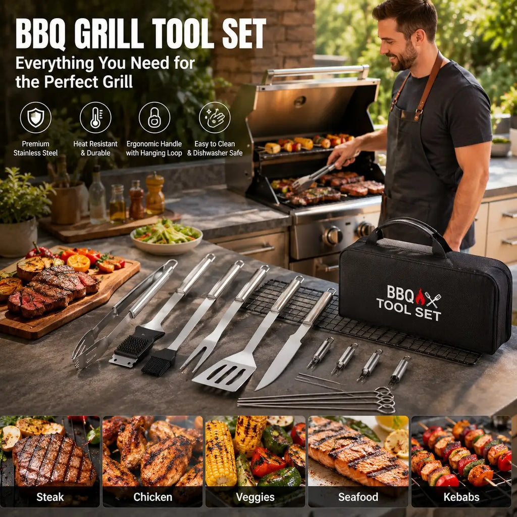 6Pcs Heavy Duty Stainless Steel Outdoor BBQ Grill Accessories Kit Premium Durable Grilling Utensil Set Perfect for Backyard Camping Picnic Tailgating Outdoor Barbecue Cooking Tools