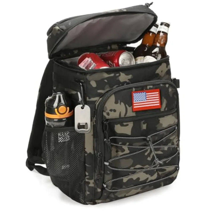 Outdoor tactical backpack cooler, 25L insulated storage with leakage-proof design, black nylon fabric, long-hours temperature r