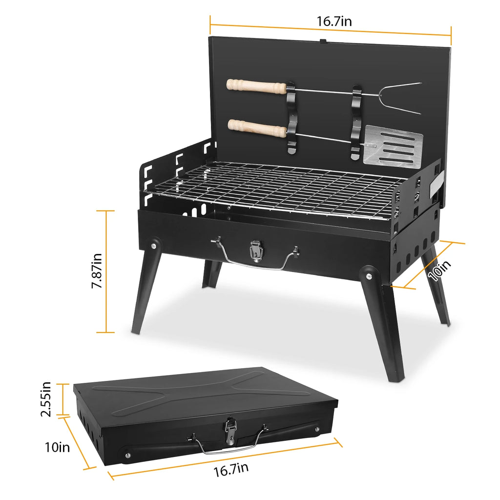 Portable Charcoal BBQ Grill, Folding Desktop Barbecue, Camping, Picnic, 3-Level Adjustable - Fast Shipping