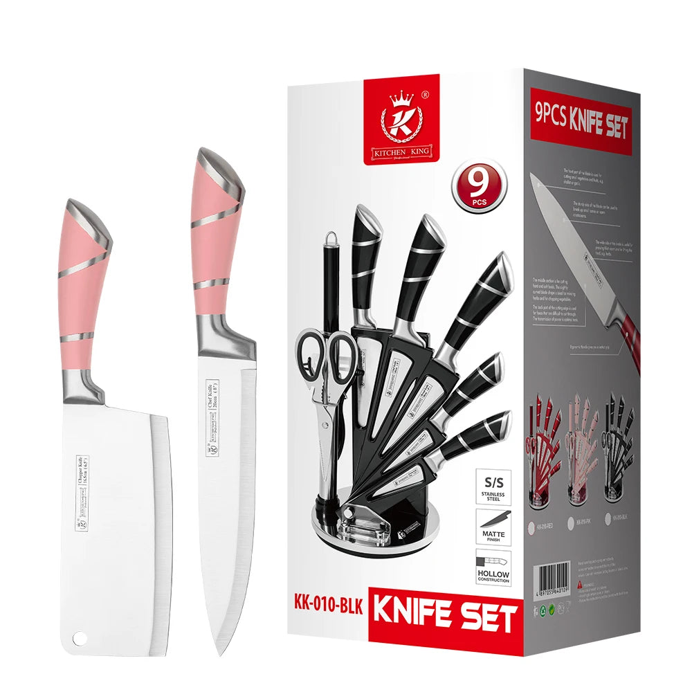 9PCS Kitchen Knife Set Stainless Steel Hollow Handle Sharp Meat Cutting Cooking Knife Scissors Bread Knife Fruit Peeler