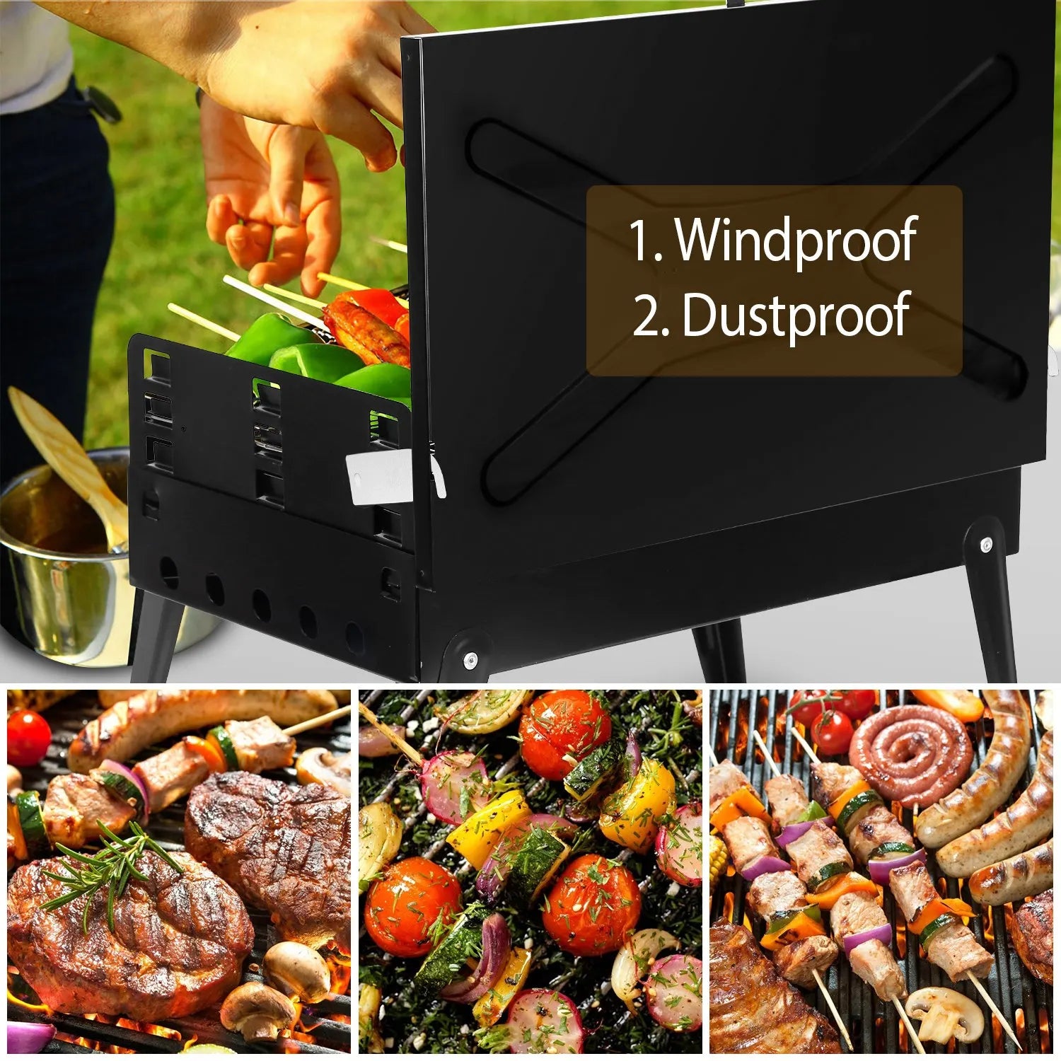 Portable Charcoal BBQ Grill, Folding Desktop Barbecue, Camping, Picnic, 3-Level Adjustable - Fast Shipping