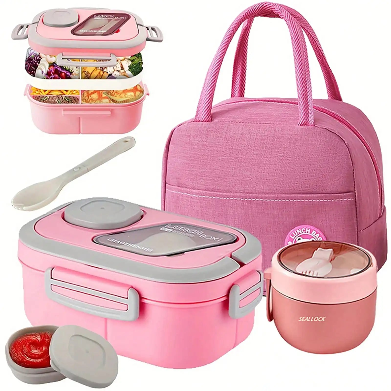 2-Layer Multi-Compartment Lunch Box Set: Lunch Box + Cup + Bag. Includes Cutlery And Sauce Container. Microwave-Security, Suitab