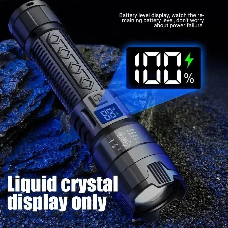 Super Bright LED Flashlight, USB Rechargeable, with Display Zoomable Light with Battery, Camping Hiking Emergency Lantern
