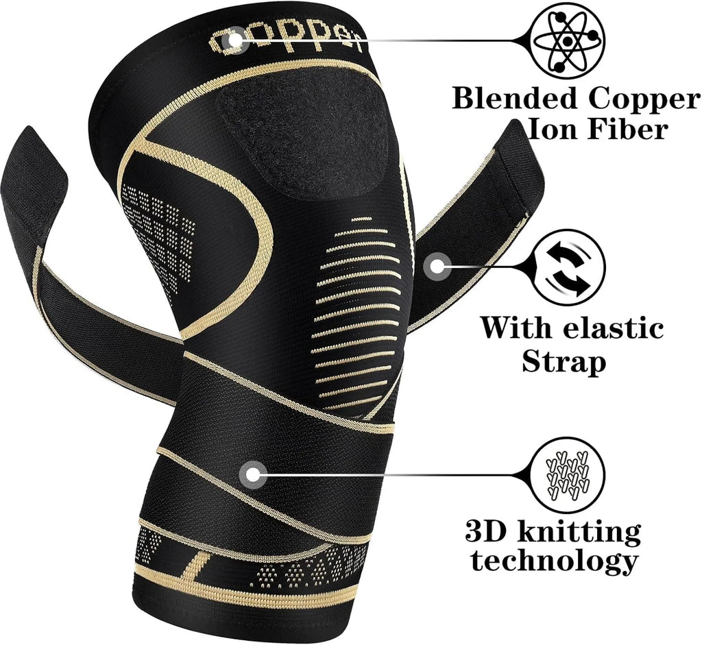 Copper Knee Braces with Strap, for Knee Pain Women and Men, Knee Compression Sleeve for Arthritis, ACL, Meniscus Tear