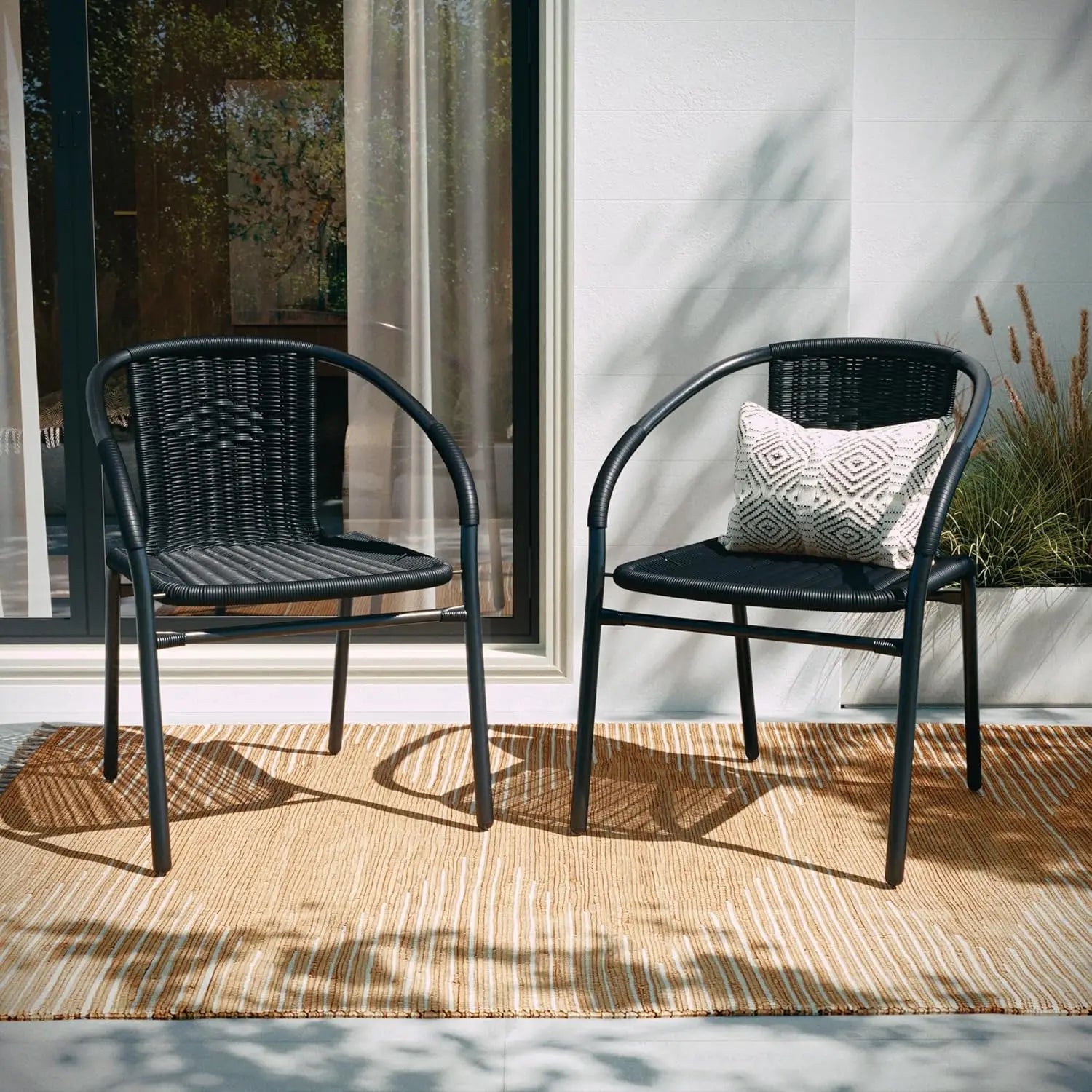 Stackable Rattan Chairs Curved Back Cross Bracing Indoor Outdoor Patio Custom