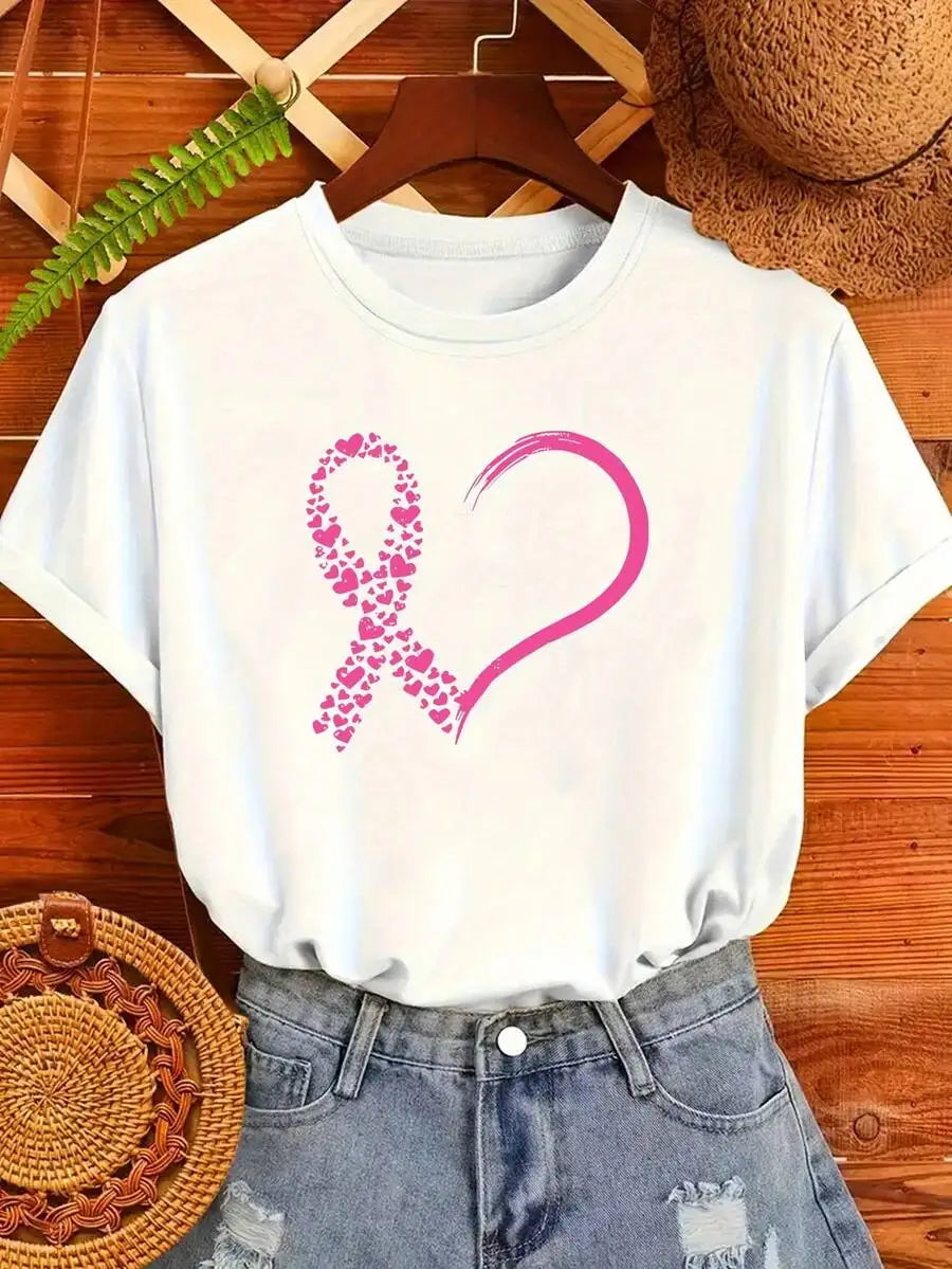 Pink Heart Ribbon Breast Cancer Awareness Graphic Print Women T-Shirt, Crew Neck Short Sleeve, Soft Washable, Casual Everyday Tops For Ladies