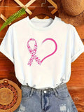 Pink Heart Ribbon Breast Cancer Awareness Graphic Print Women T-Shirt, Crew Neck Short Sleeve, Soft Washable, Casual Everyday Tops For Ladies