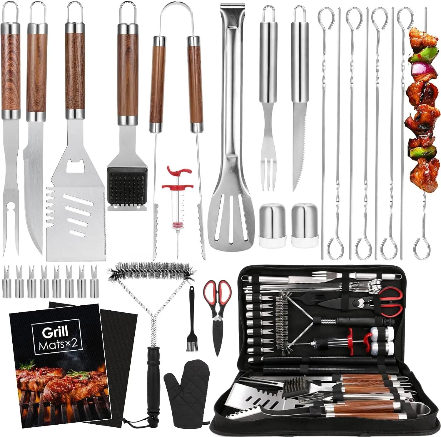 34Pcs BBQ Grilling Accessories Set, Heavy Duty Stainless Steel Tools with Glove & Mats, Portable Carrying Bag, Outdoor Camping Gift for Men Dad
