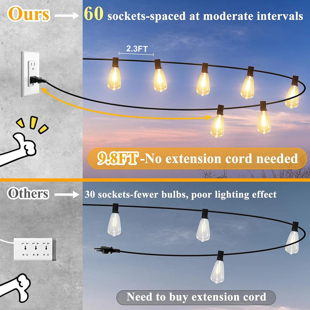 200FT LED Outdoor String Lights Dimmable Waterproof ST38 LED Shatterproof Bulbs Outside Hanging Light for Porch Garden Decor