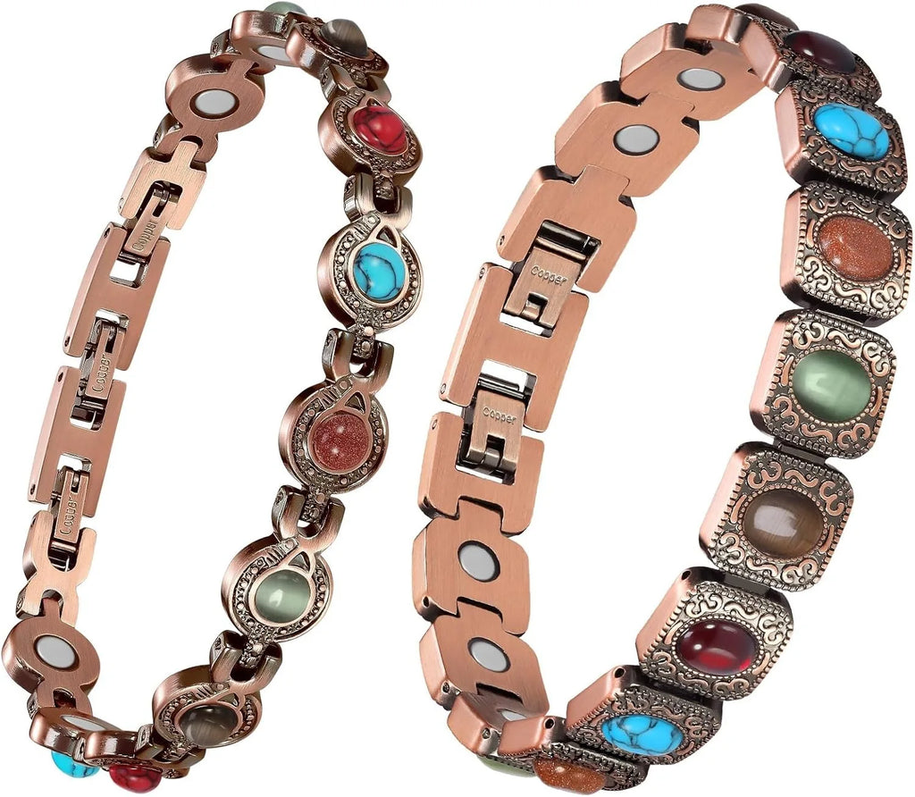 Ultra Strength Pure Copper Magnetic Bracelet for Women with 3800 Gauss Magnets Natural Turquoise Stones Adjustable Jewelry Gift