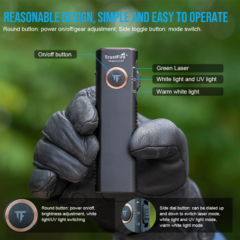 TrustFire MINIX3 Flat EDC Flashlight with White Light, Flood Light, UV and Green Light, 1050 Lumens Portable Rechargeable Flashlights, 4-in-1 Lighting Modes Pocket Lights for Camping, Emergency