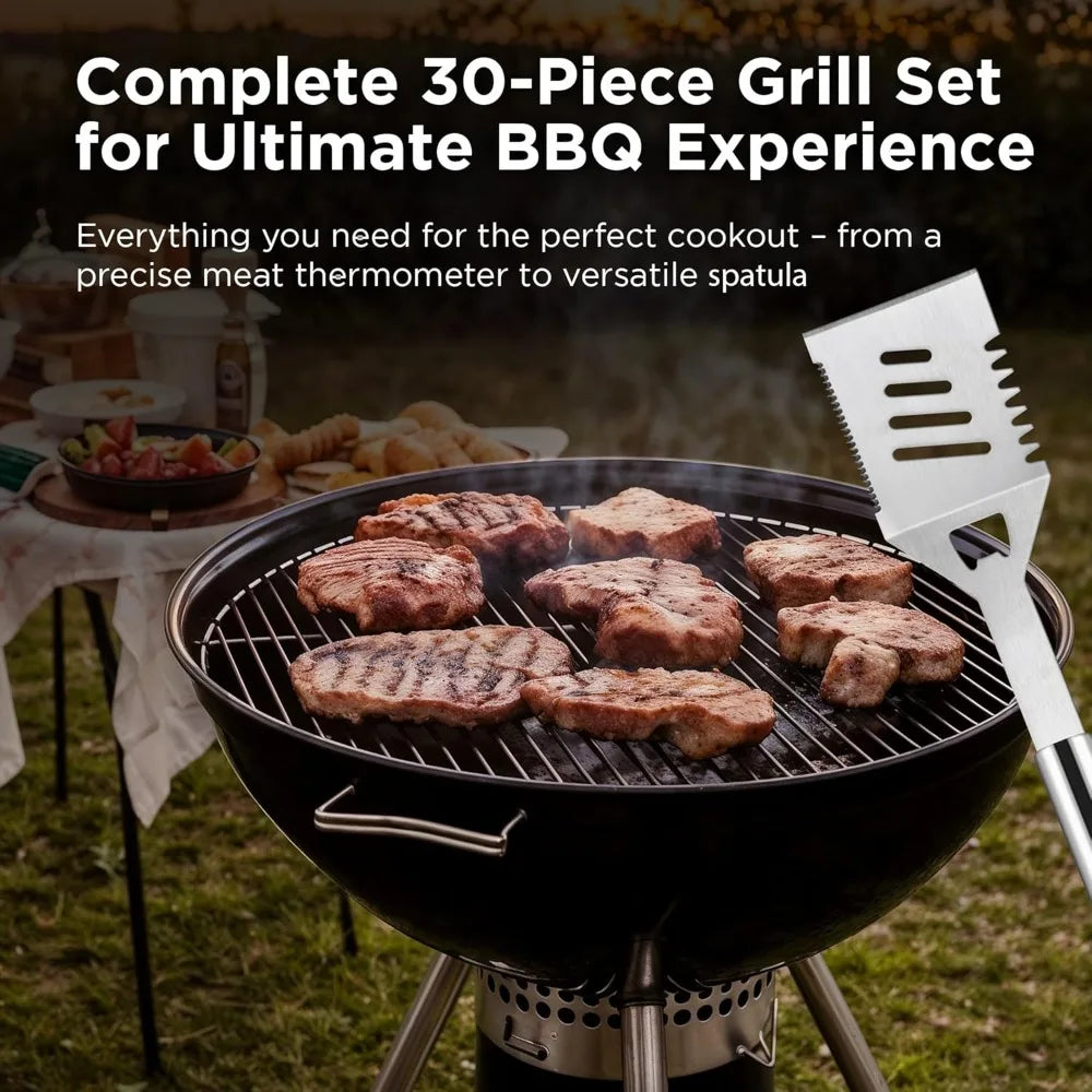 Heavy Duty Stainless Steel Grill Set with Meat Thermometer, Case and Apron for Outdoor BBQ
