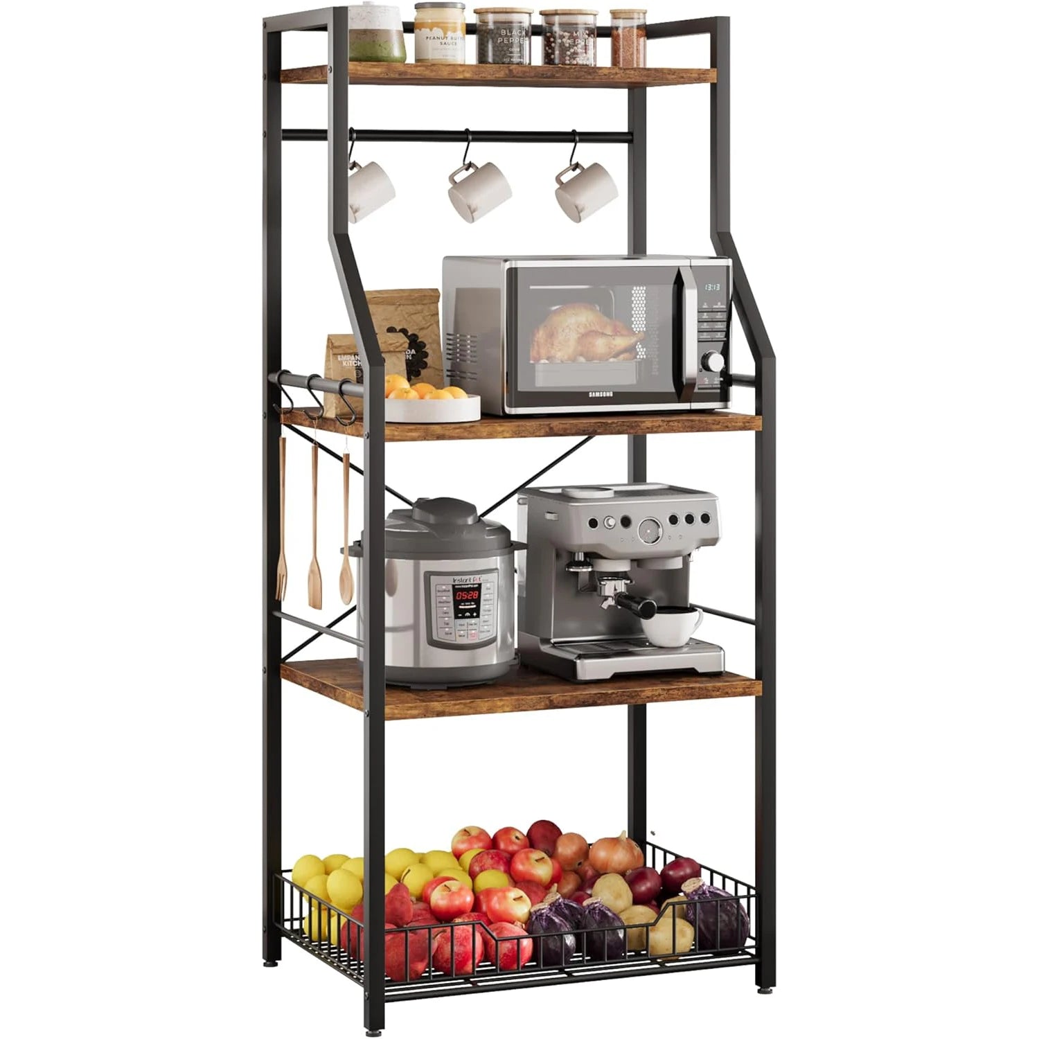 4-Tier Kitchen Bakers Rack & Microwave Oven Stand with Large Wire Basket, Industrial Coffee Bar Station with Hooks, Kitchen