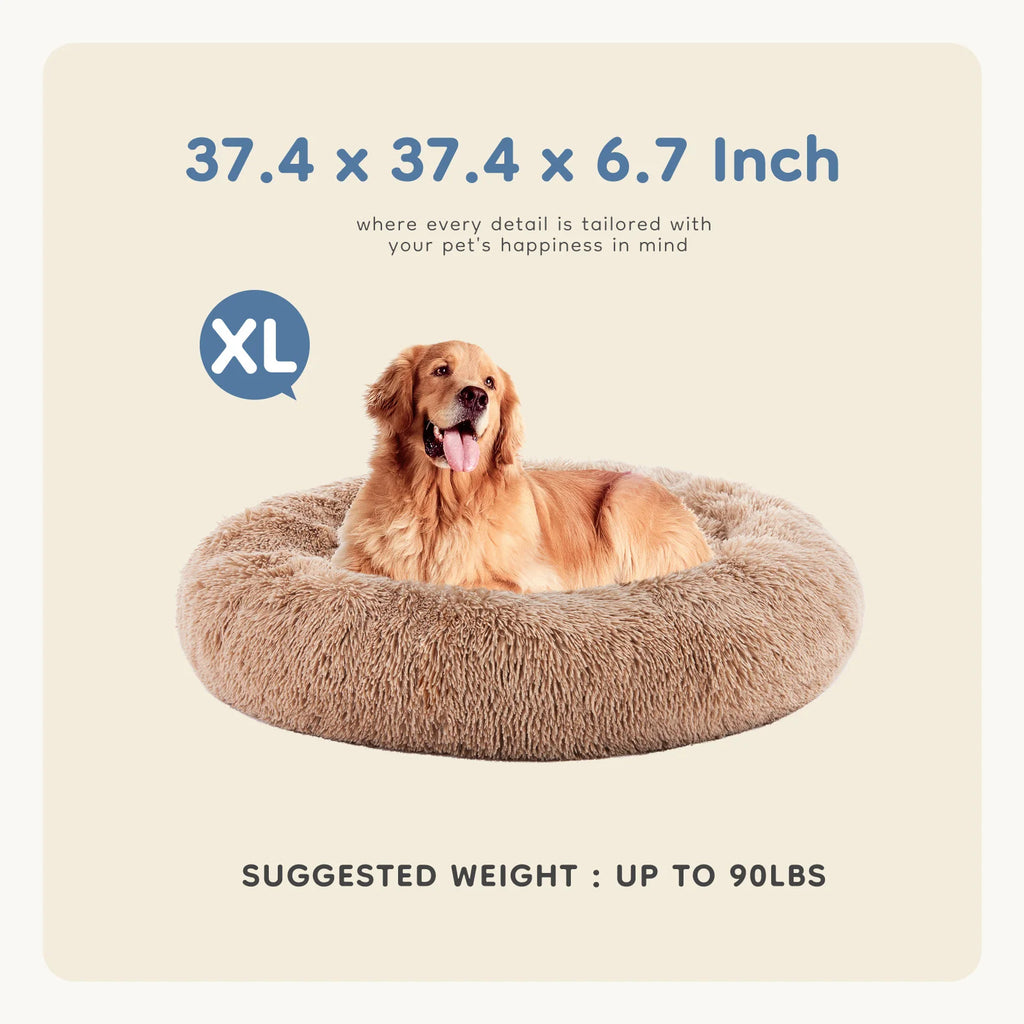 MCQ Round Faux Fur Plush Dog Bed Anti-Slip Bed Machine Washable Cuddler Warming Cozy Fluffy Faux Fur Plush Round Pet Bed for Indoor