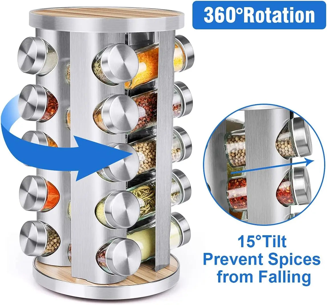 20-Piece Spice Rack Organizer with Jars, 360° Rotating Stainless Steel & Wooden Tower for Kitchen Cabinet Countertop