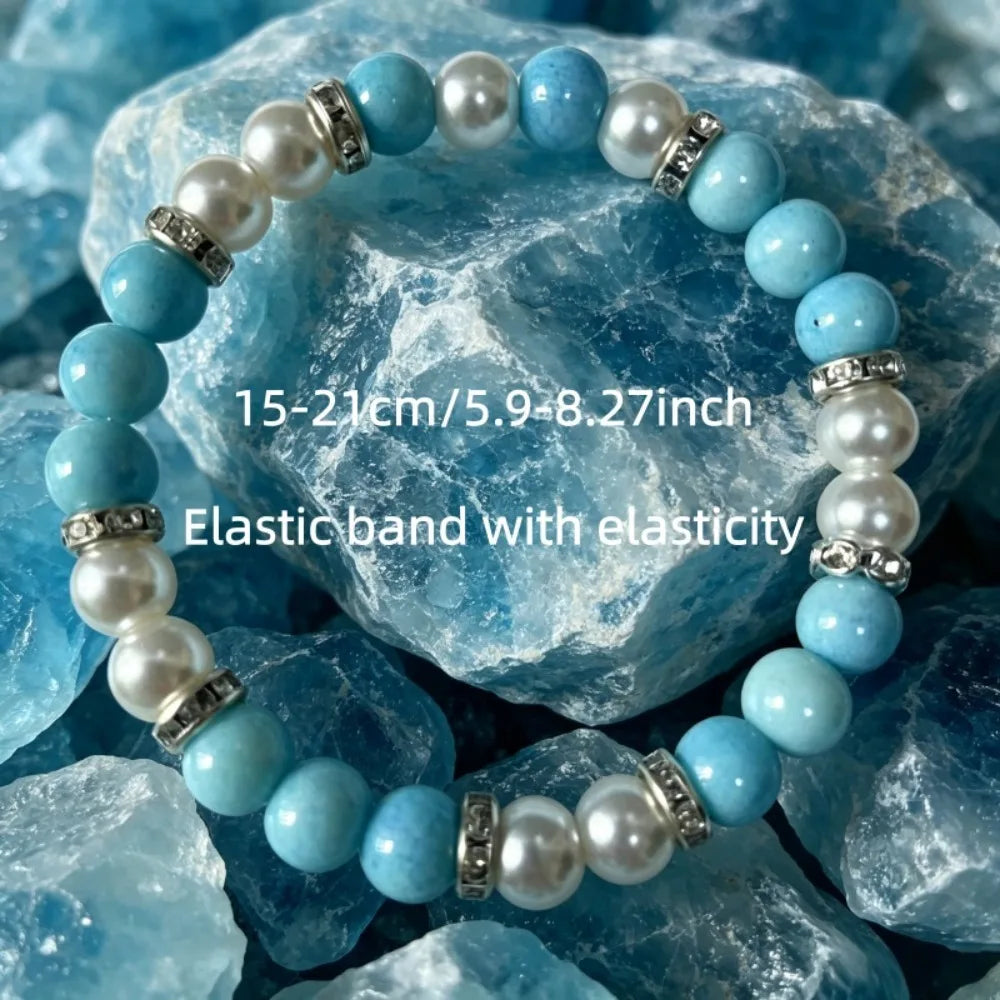 1pc Fresh Turquoise & White Pearl Color Block Beaded Bracelet, Simple Marble Texture Handcrafted Design, Bohemian Style, Attracts Wealth & Prosperity, Promotes Career Growth, Suitable for Daily Wear, Unisex, Perfect Gift for