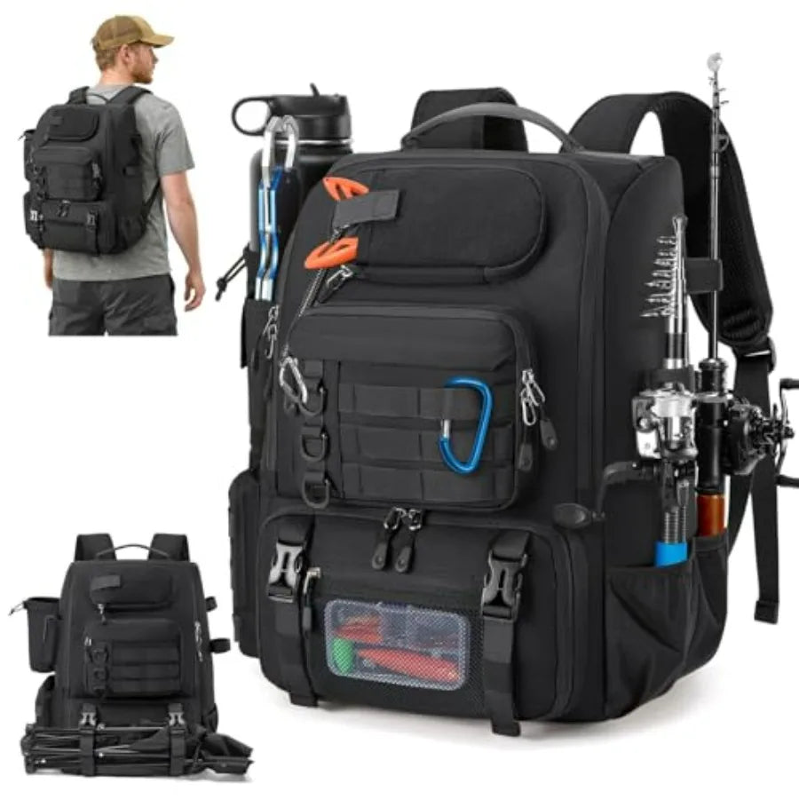 Fishing Backpack for Outdoor Use, Water-Resistant Polyester, Gray, 40L Capacity with Rod Holders, Built-in Cooler Rain Cover