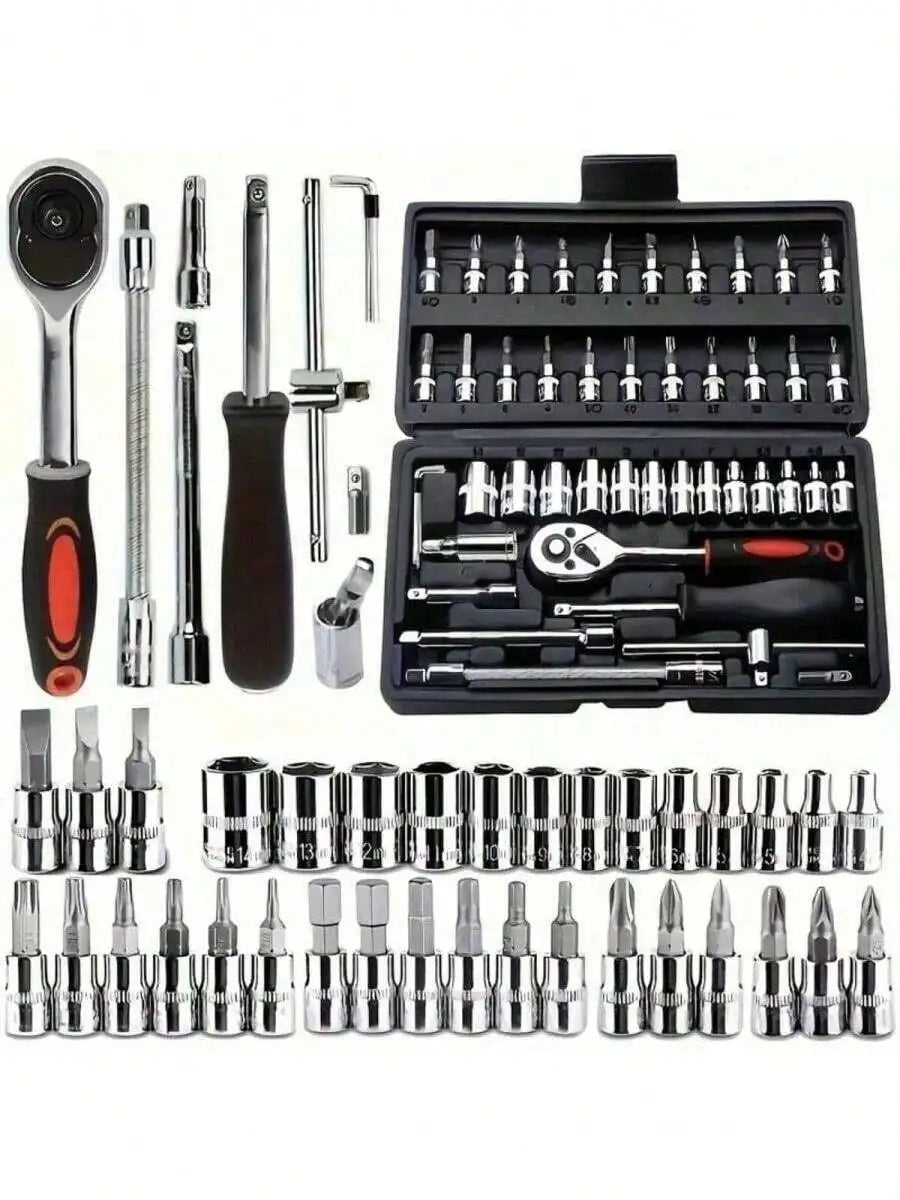 151/46pcs Comprehensive Mechanical Tool Set - 1/4", 3/8", 1/2" Deep And Standard Sockets, Ratchet Wrench Set, S2 And CR-V Socket