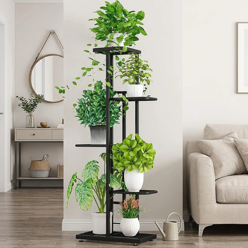 5 Tier Black Metal Plant Stand, Narrow Indoor Outdoor Plant Rack With Grid Shelves For Balcony or Corner