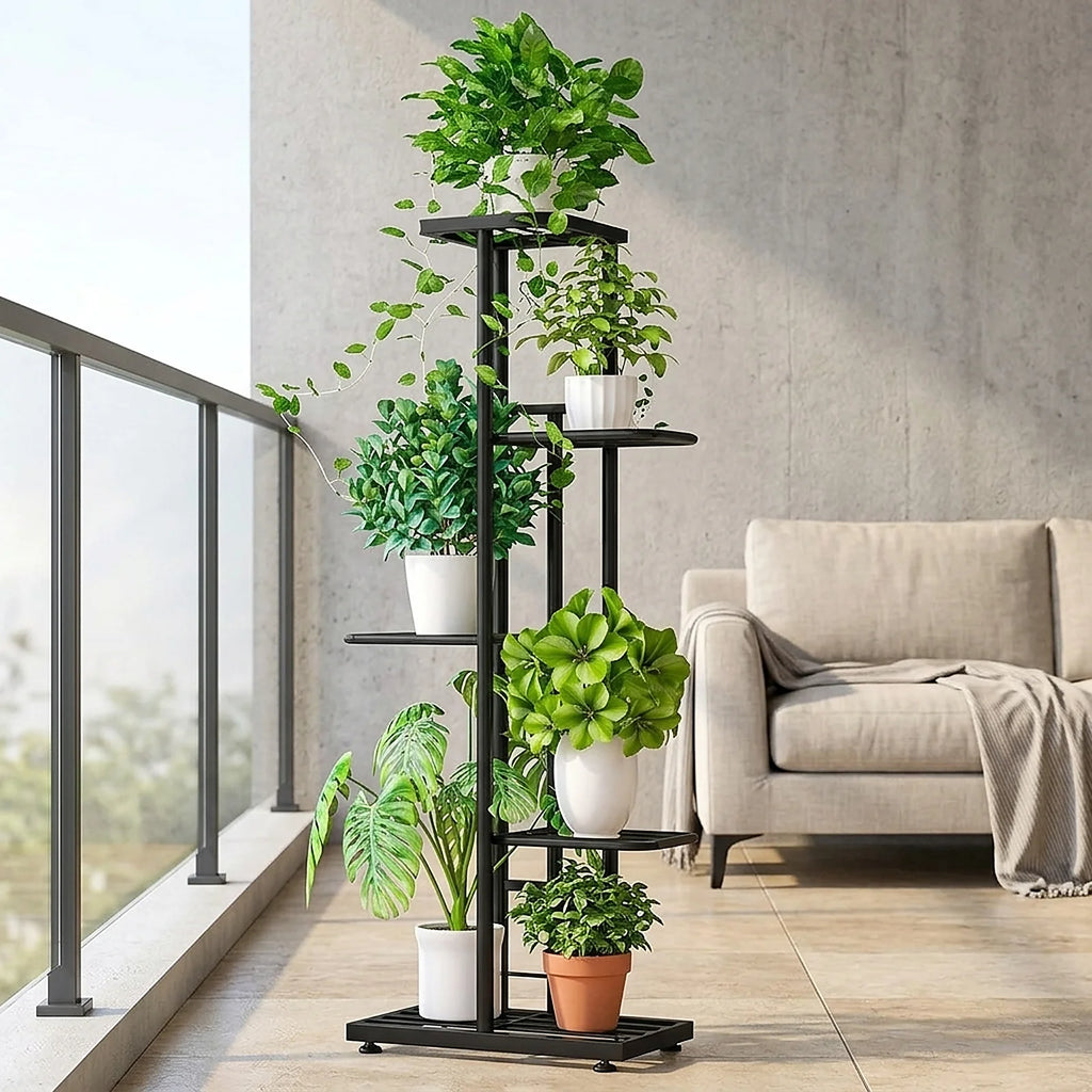 5 Tier Black Metal Plant Stand, Narrow Indoor Outdoor Plant Rack With Grid Shelves For Balcony or Corner