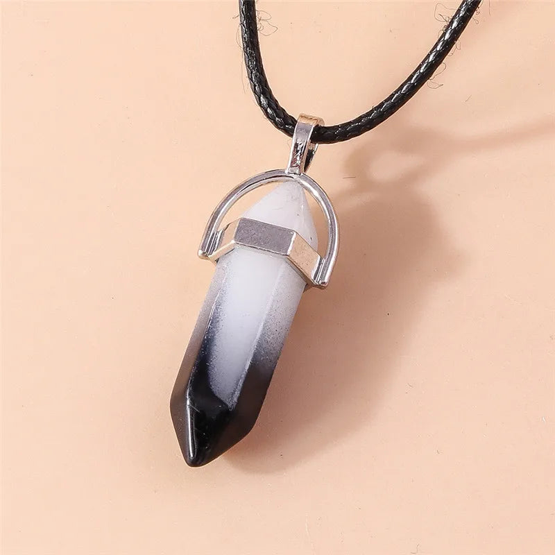 Stone Quartz Gem, Pink Crystal Stone Hexagonal Column Pendant, Necklaces, Leather Chain Bullet Necklace