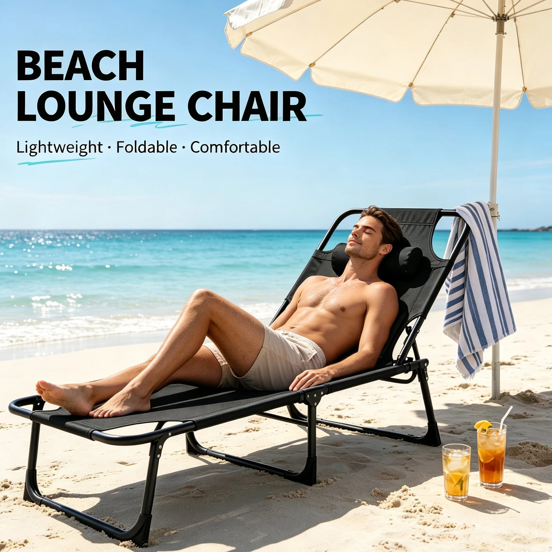 70''L*22''W Folding Camping Lounge Chair Portable Tanning Recliner Chair with Adjustable Backrest and Headrest Pillow Outdoor Sun Lounger for Beach Pool Patio Office Nap