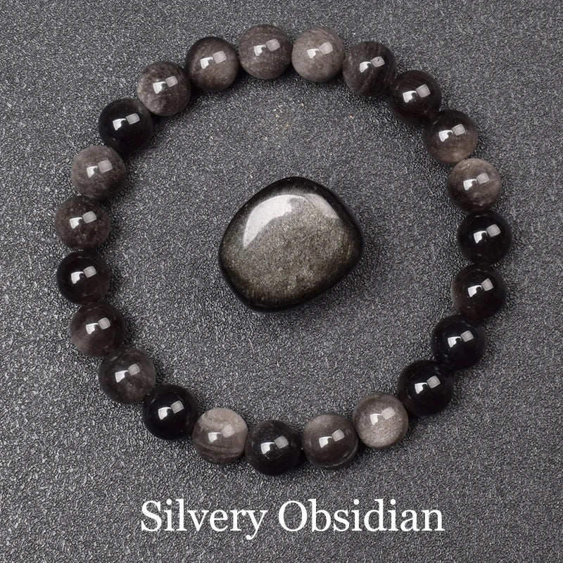 Golden Obsidian Stone Beads Bracelet Men Women Golden Light Rainbow Obsidian Raw Stone Round Bead Natural Energy Jewelry