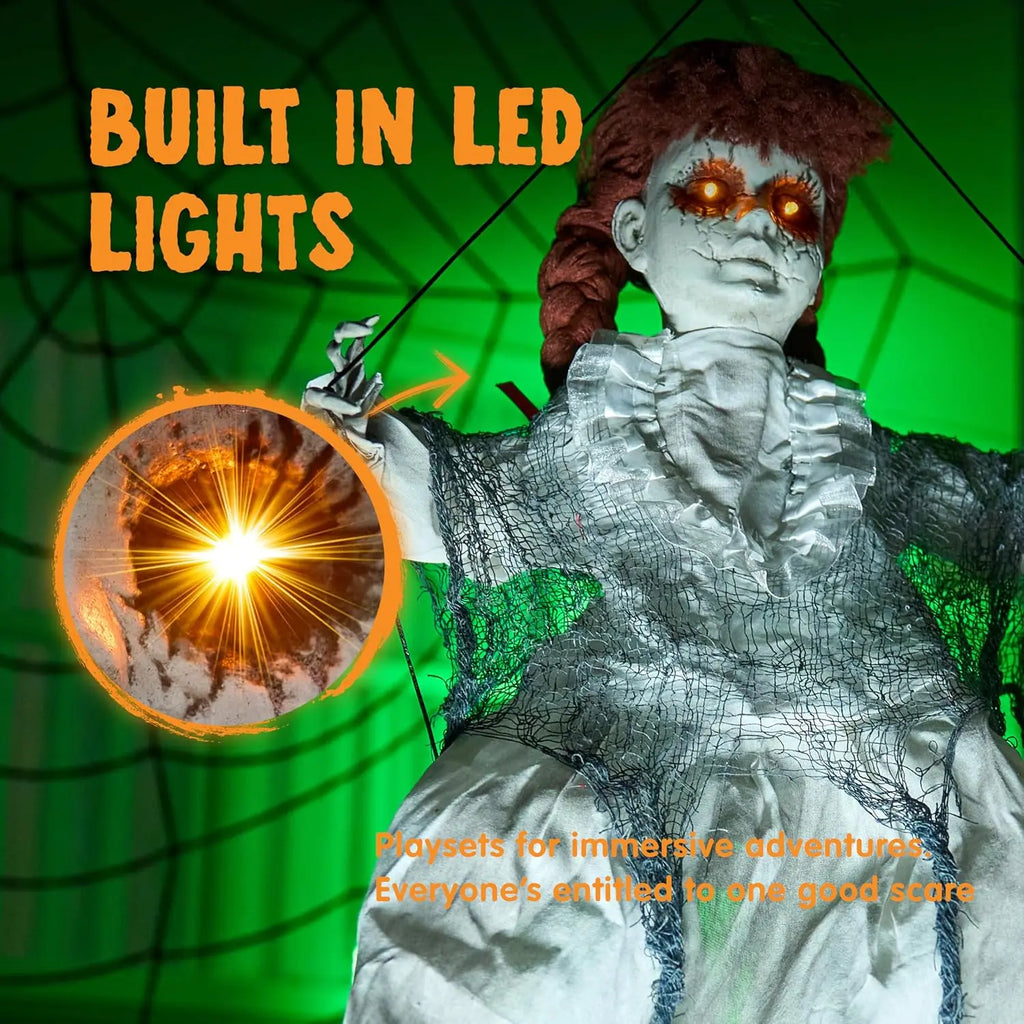 Scary Halloween Decorations Outdoor Halloween Hanging Scary Swing Girl Decorations Winging White Doll with Creepy Sound and Light Up Eyes Sound, Animatronics Hanging Decors Activated