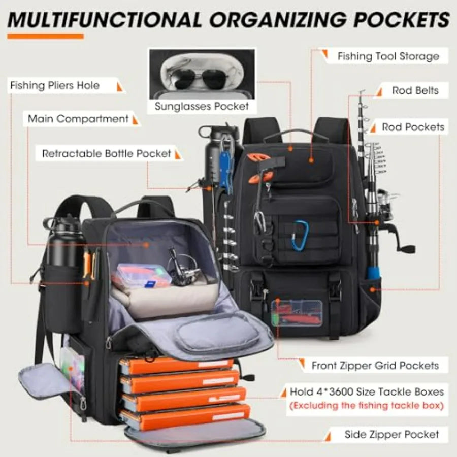 Fishing Backpack for Outdoor Use, Water-Resistant Polyester, Gray, 40L Capacity with Rod Holders, Built-in Cooler Rain Cover