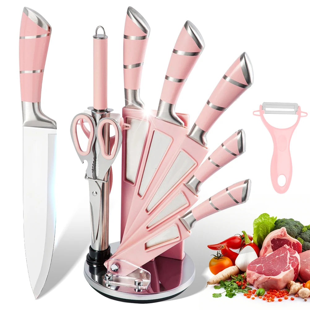 9PCS Kitchen Knife Set Stainless Steel Hollow Handle Sharp Meat Cutting Cooking Knife Scissors Bread Knife Fruit Peeler