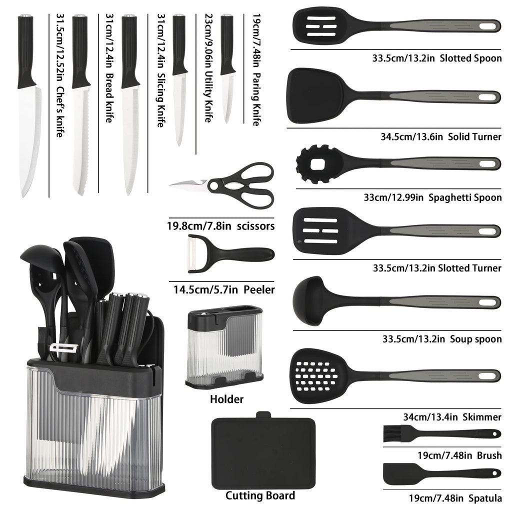 17Pcs Silicone Kitchen Utensils Set with Knife Block Stainless Steel Kitchen Knives Set Non-Stick Cooking Tools Scissors Peeler