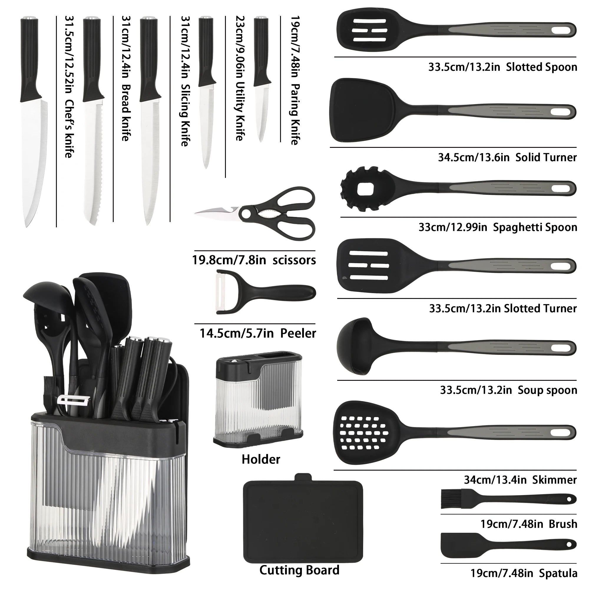 17Pcs Silicone Kitchen Utensils Set with Knife Block Stainless Steel Kitchen Knives Set Non-Stick Cooking Tools Scissors Peeler