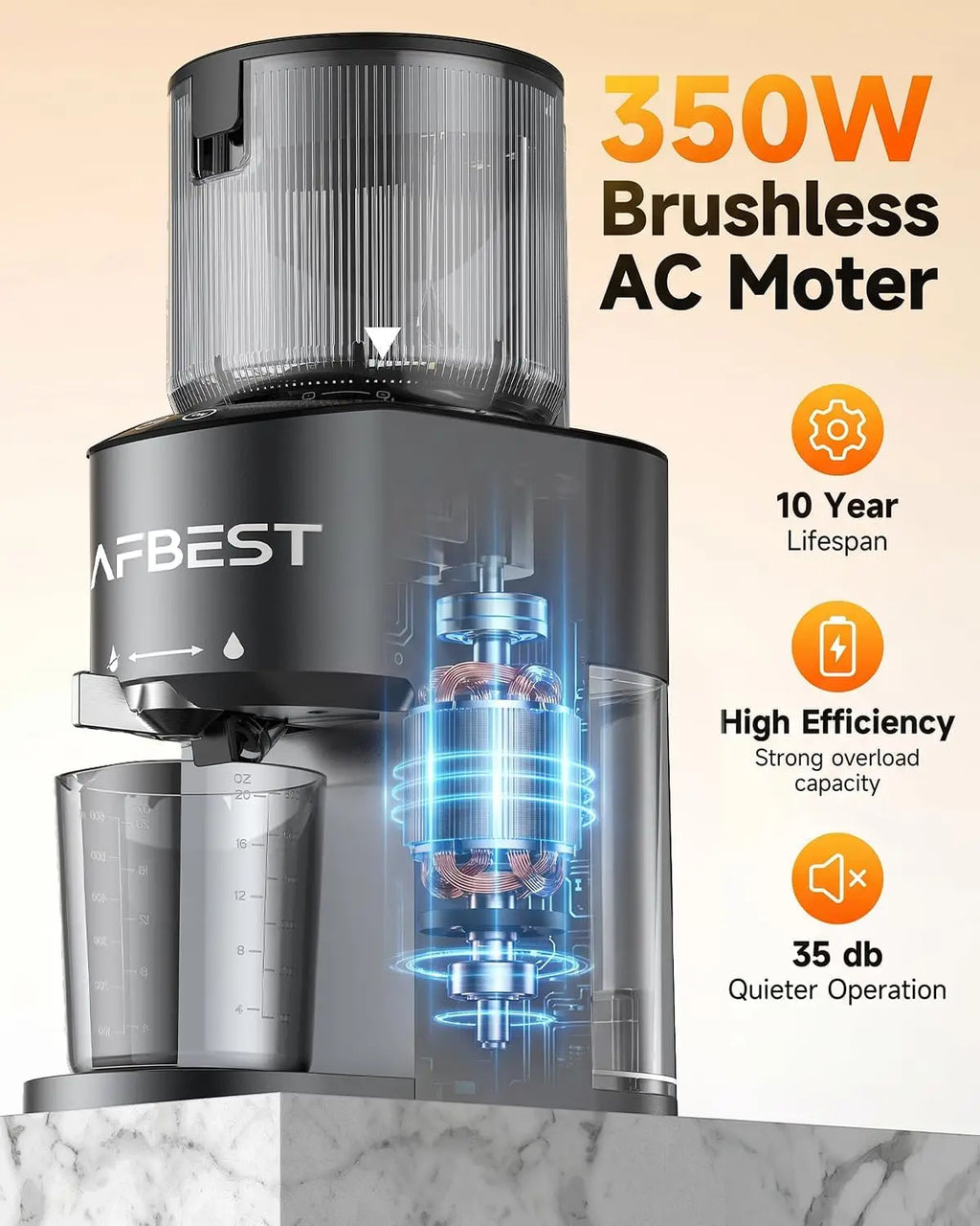 AFBEST 5.8" Extra-Large Chute 2-in-1 Cold Press Juicer – Whole Fruit & Vegetable Masticating Extractor with 100oz Capacity, Nut Milk Function, Easy-Clean Design, Premium Gray