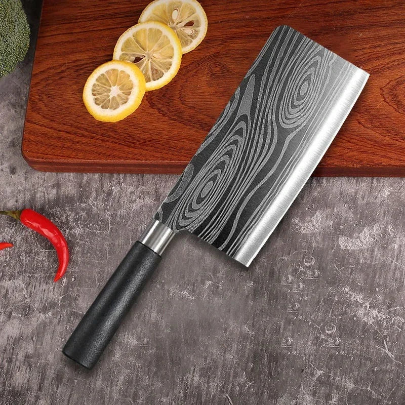 Laser Damascus Pattern Utility Kitchen Knives Scissors Sharpening Rod Set