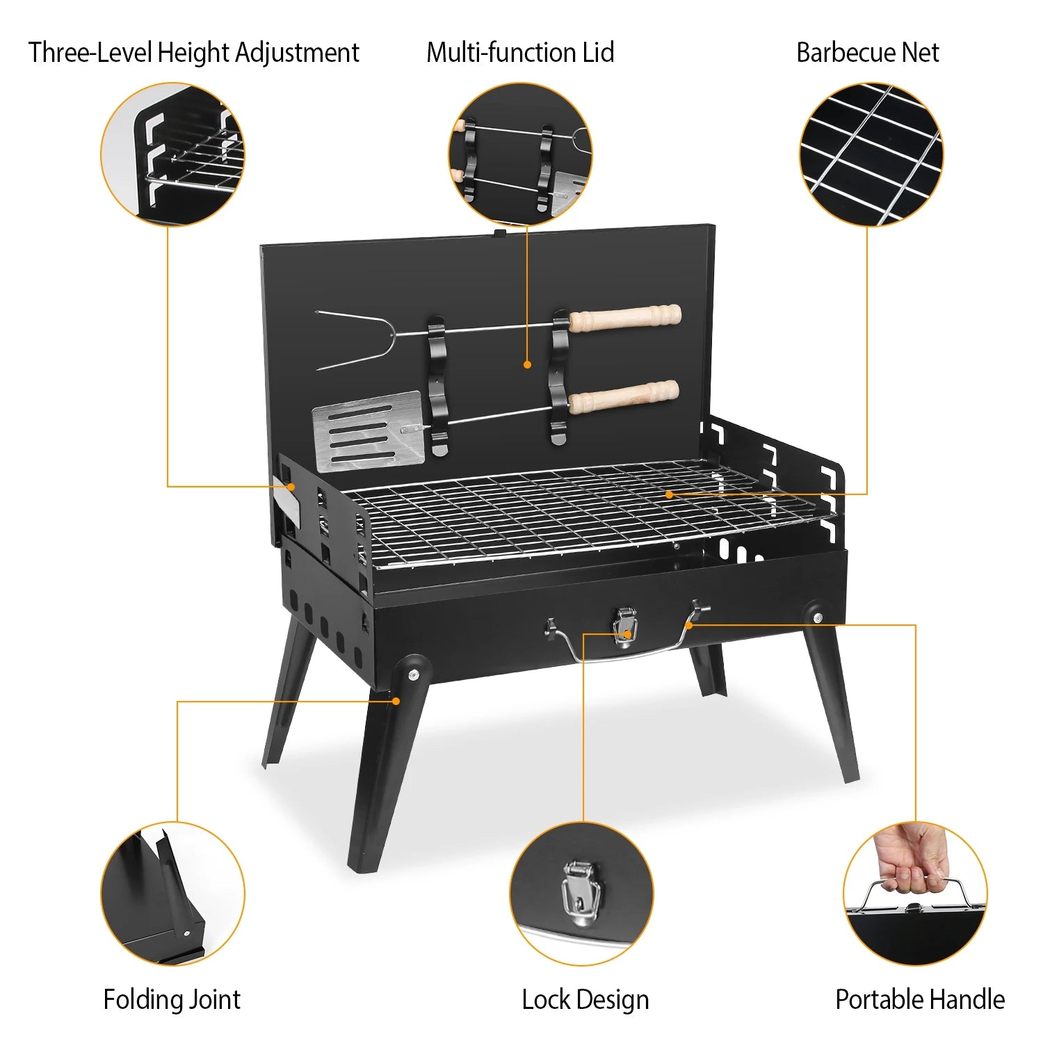 Portable Charcoal BBQ Grill, Folding Desktop Barbecue, Camping, Picnic, 3-Level Adjustable - Fast Shipping