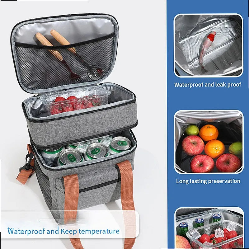 1PC Large Capacity Double Layers Thermal Insulation Lunch Bag Picnic Tote Food Drink Storage Cooler Bag with Shoulder Strap