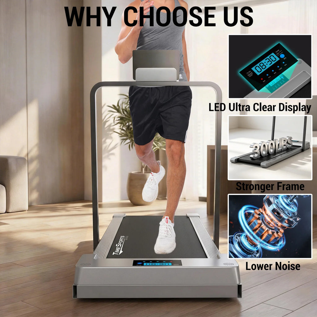 Walking Pad Treadmill with Handrail, Foldable Under Desk Treadmill for Home Office, Portable Compact Walking Treadmill with LED Display, Quiet Motor, Bluetooth App Control, for Walking Jogging and Light Running