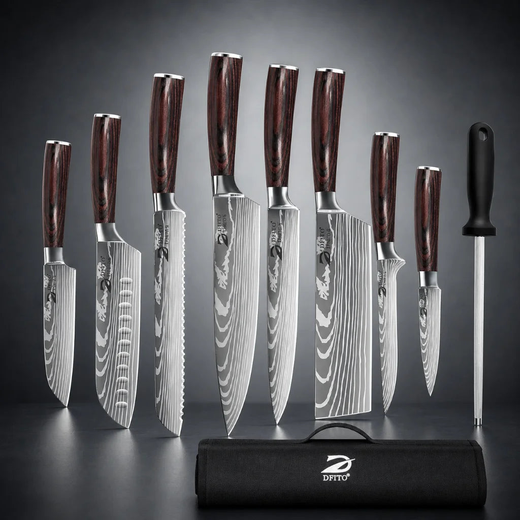 8PCS Damascus Stainless Steel Kitchen Knife Set Super Sharp Japanese Style Chef Santoku Cleaver Slicing Boning Utility Paring Knives Complete Cooking Cutlery Kit with Portable Protective Nylon Carry Bag for Home Kitchen Chef
