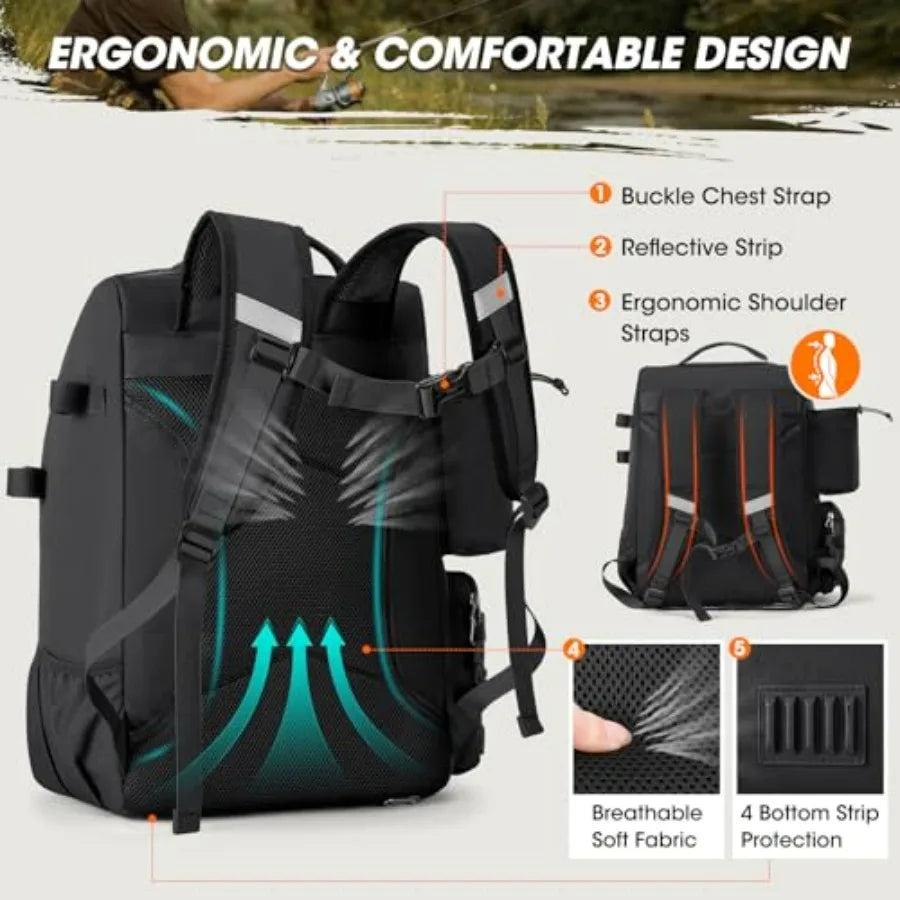 Fishing Backpack for Outdoor Use, Water-Resistant Polyester, Gray, 40L Capacity with Rod Holders, Built-in Cooler Rain Cover