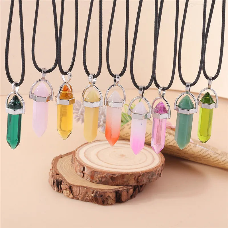 Stone Quartz Gem, Pink Crystal Stone Hexagonal Column Pendant, Necklaces, Leather Chain Bullet Necklace