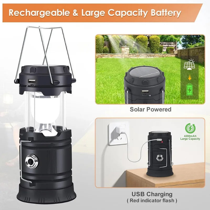 LED Camping Lantern, Outdoor Solar Camp Tent Lamp, USB Rechargeable, Portable Emergency Lights,